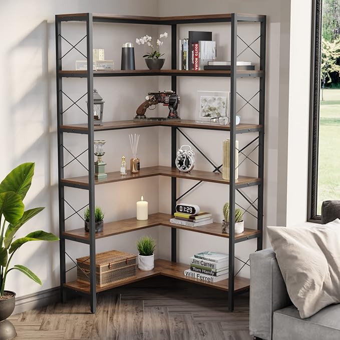 Corner Bookshelf 6-Tier, Tall Book Shelf L-Shaped, Large Etagere Bookcase Industrial Style with Metal Frame for Home Office Shelves