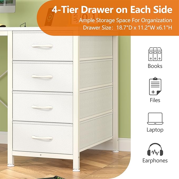 50 Inch White Computer Desk with 8 Drawers, Home Office Desk with Power Outlets, Work Study Gaming Desk with 8 Fabric Drawers, White