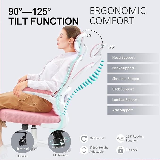 Ergonomic Office Chair,Ultra Thick Office Desk Chair with Adjustable Lumbar Support and Headrest,Spring Cushion,Rocking Function,Flip-up arms,Mesh Computer Chair for Home Office,Pink