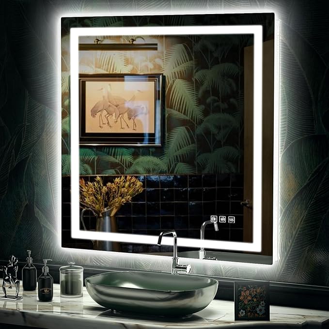 LED Mirror for Bathroom, 36x36 Inch Backlit + Front Lighted Bathroom Vanity Mirror with Lights for Wall, Double Light Strips, 3 Colors, Shatter-Proof, Anti-Fog and Brightness Memory