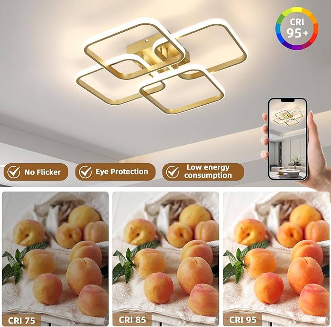 CANEOE Gold, Modern 4-Squares LED Ceiling Light Fixture, Dimmable, Remote Control, Square Flush Mount, Kitchen/Bedroom/Living Room Indoor Lighting, 23x23x5 inches, 48W, 3000K-6500K, 3840 Lumen