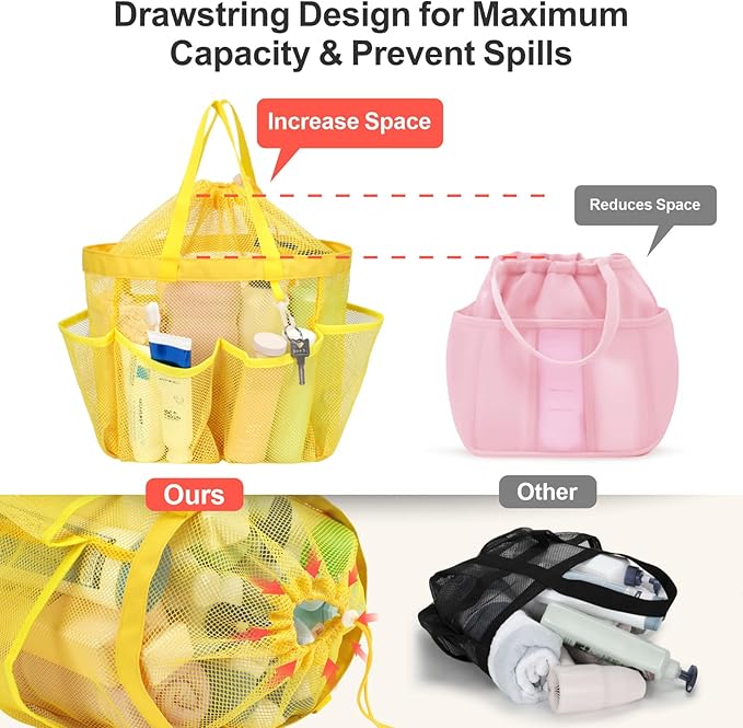 F-color Mesh Shower Caddy Portable with Drawstring - Upgrade Deeper 7 Pockets Dorm Room Essentials for Guys Girls with S Hook, Shower Bag Basket Tote for College Camping Toiletry Bathroom, Yellow