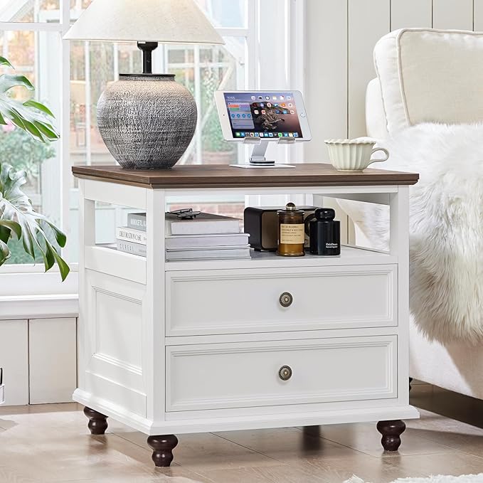 24" Wide Farmhouse Night Stand Set of 2,Large End Table with 2 Drawers & Metal Handle,White Wood Dresser for Bedroom, Bed Side Table Chest of Drawers Cabinet, Nightstand for Living Room,Closet