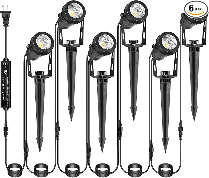 Low Voltage Landscape Lighting, 6 Pack Outdoor Spot Lights with Transformers, 12V Warm White Landscape Spotlights IP65 Waterproof Plug in Outdoor Uplights for Yard House Pathway Tree Pools