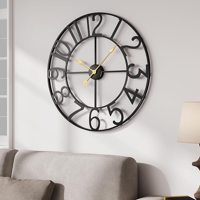 Large Wall Clock, 20 Inch Black Decorative Wall Clock for Living Room, Modern Metal Battery-Operated Arabic Numerals Round Clocks Silent Non Ticking for Kitchen Mantel Bedroom Office