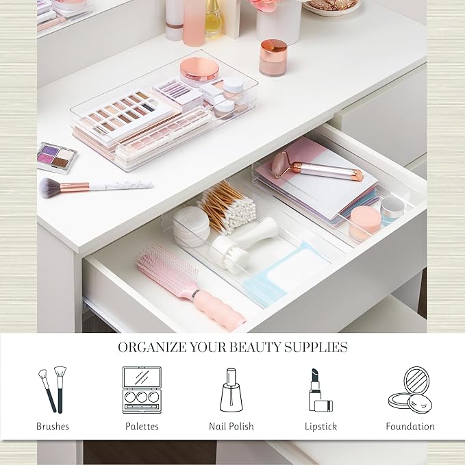 STORi SimpleSort 3-Piece Stackable Clear Drawer Organizer Set | 12" x 6" x 2" Rectangle Trays | Wide Makeup Vanity Storage Bins and Office Desk Drawer Dividers | Made in USA