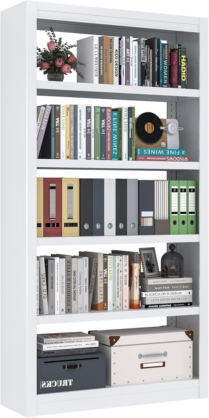 69" Tall White Metal Bookshelf, 5-Tier Adjustable Bookcase, Easy Assembly Modern Storage Shelf for Office, Home, Living Room, Library, School
