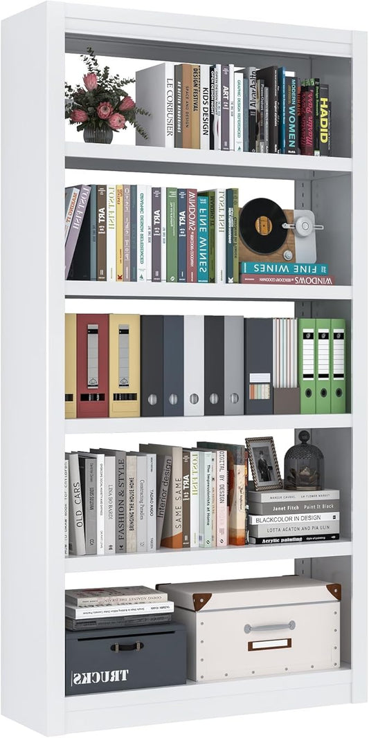 69" Tall White Metal Bookshelf, 5-Tier Adjustable Bookcase, Easy Assembly Modern Storage Shelf for Office, Home, Living Room, Library, School
