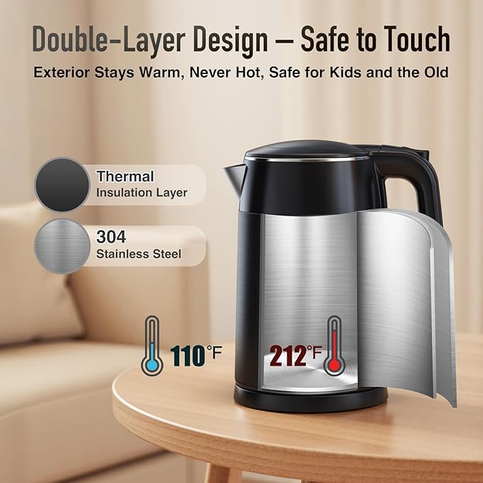 Mecity Electric Kettle 1.7L Touch Screen Temperature Control Water Boiler, No Plastic Contact with Water. 6 Preset Temperature Programs, 2 Hours Keep Warm, Black