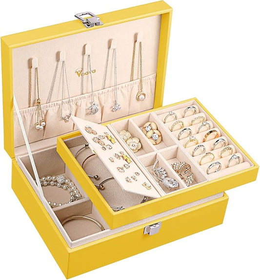 Voova Jewelry Box Organizer for Women Girls, 2 Layer Large Men Jewelry Storage Case, PU Leather Display Jewellery Holder with Removable Tray for Necklace Earrings Rings Bracelets, Vintage Gift, Yellow