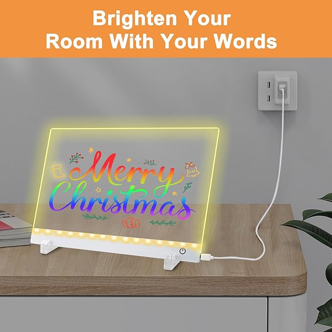 LED Note Board with Colors，LED Drawing Board for Kids, Light Up Acrylic Dry Erase Board with Stand,7 Markers, Rewritable Message Board Creative Fun for Home, Classrooms, Gifts（13.7X 10Inch）