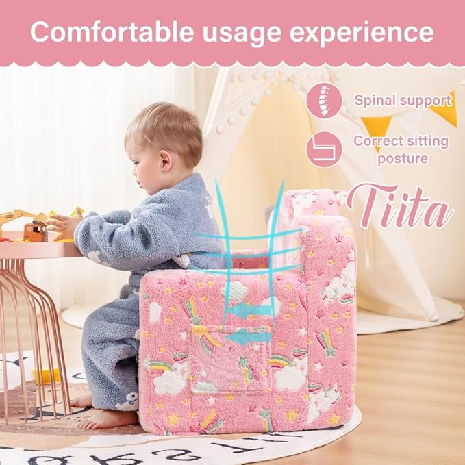 Tiita Kids Couch Plush Toddler Chair, Cloud-Like Glow in The Dark Kids Sofa Toddler Reading Chair with Washable Cover Carrying Handle, Convertible Children Sofa Chair for Girls and Boys