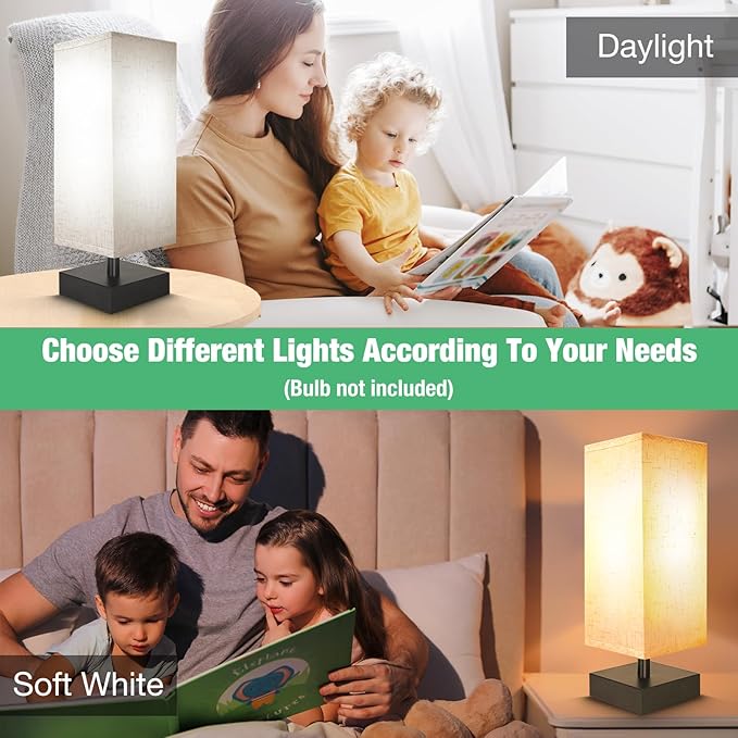 Small Bedside Lamp, Mini Minimalist Table Lamp with Square Flaxen Fabric Shade, 11 Inch Desk Reading Lamp for Bedroom, Living Room, Office, 2 Pack