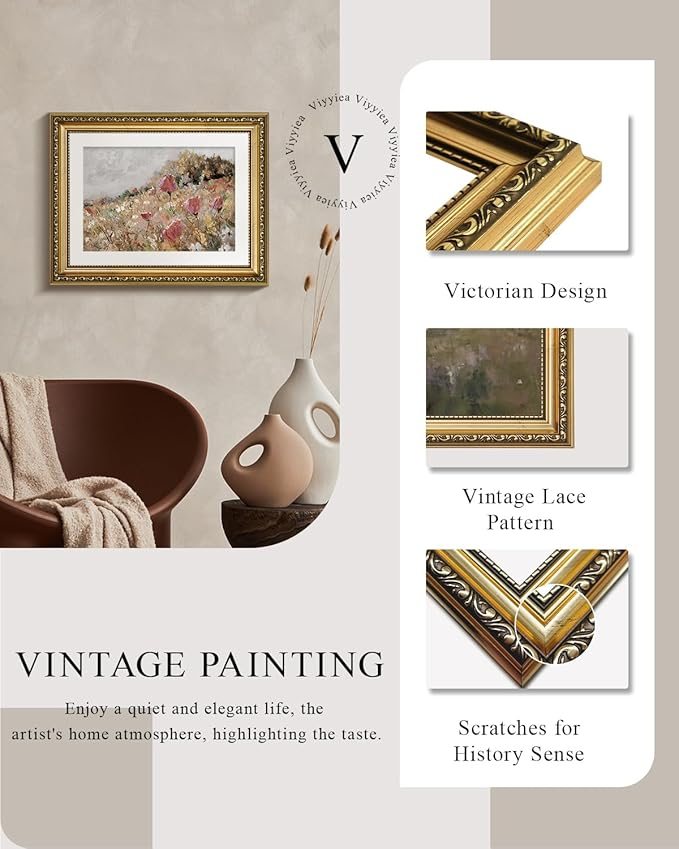 VIYYIEA Gold Framed Wall Art Canvas Print Home Decor Flower Art Vintage Botanical Print Rustic Farmhouse Wall Decor Mid Century Modern Art Coastal Floral Room Decor Wall Pictures Bedroom 11x14in