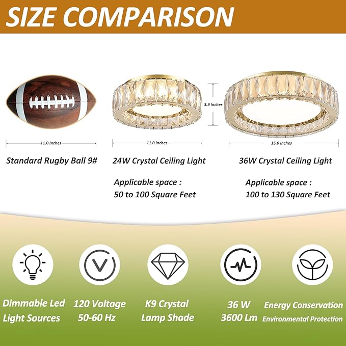 15 Inch Gold Modern Crystal Flush Mount Chandelier,Large Dimmable LED 5CCT 3000K-6000K 36W Round Close to Ceiling Lighting Fixtures for Dining Room,Kitchen,Living Room,Bedroom