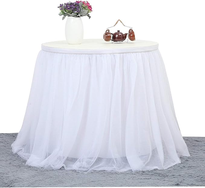 Suppromo 9ft White Table Skirt Tulle Tutu Table Skirt for Rectangle Tables White Ruffle Table Cloth for Wedding Bridal Shower Baby Shower Baptism Birthday Party Banquet Decoration(L9(ft) H 30in)