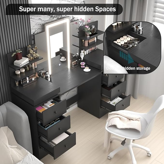 57.1" W Vanity Makeup Table with Lighted Mirror Table with Tri-Folding Mirror, 8 Drawers, 3 Light Modes, Open Storage Shelves, Vanity Table as Gifts for Girls/Women Vanity Must Haves