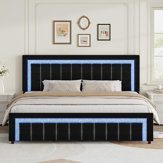 HOMBCK King Size Bed Frame with LED Lights and Velvet Upholstered Headboard, Bed Frame King with Modern Diamond Headboard Adjustable, Wooden Slats Support, Noise Free, No Box Spring Needed, Black