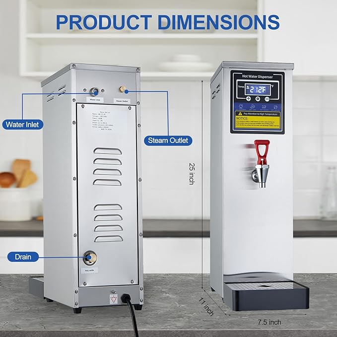 Hot Water Dispenser Commercial Water Boiler Electric Warmer Hot Water Machine Stainless Steel 30L(8GAL)/Hour Step-heating Temperature Control 86-212°F for Boba Tea Coffee Office Restaurant 1600W