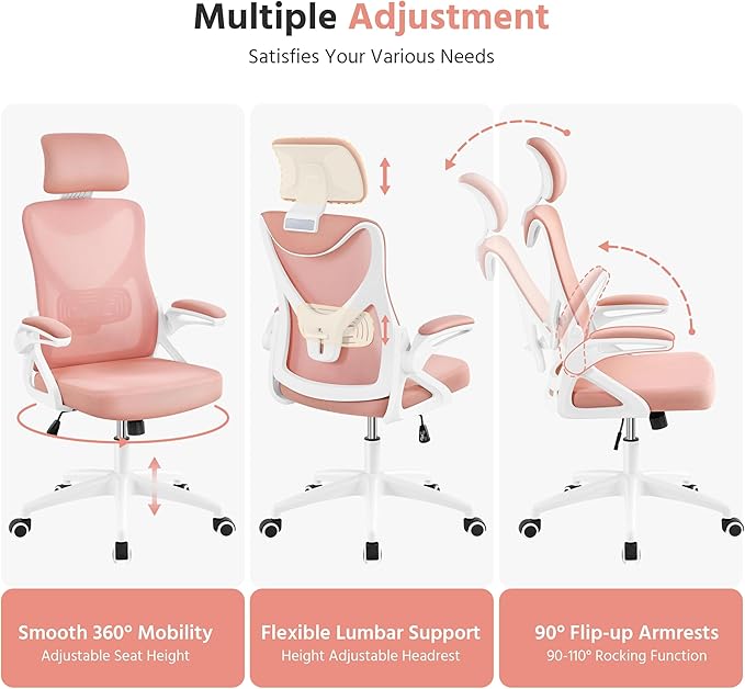 Yaheetech Ergonomic Office Chair, High Back Mesh Desk Chair with flip-up Armrests, Adjustable Headrest Computer Chair with Lumbar Support for Home Oiffce Gaming Room, White/Pink