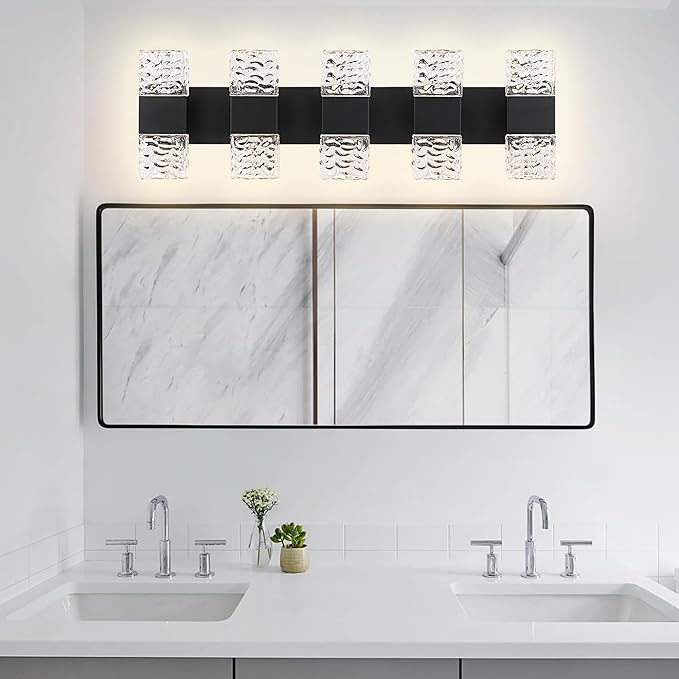 MELUCEE 30.3 in LED Bathroom Lighting Fixtures Over Mirror LED Vanity Light Black Modern Bathroom Light Bar 40W Crystal Wall Light Fixtures, 3000K Warm Lighting, Built-in Led Chips