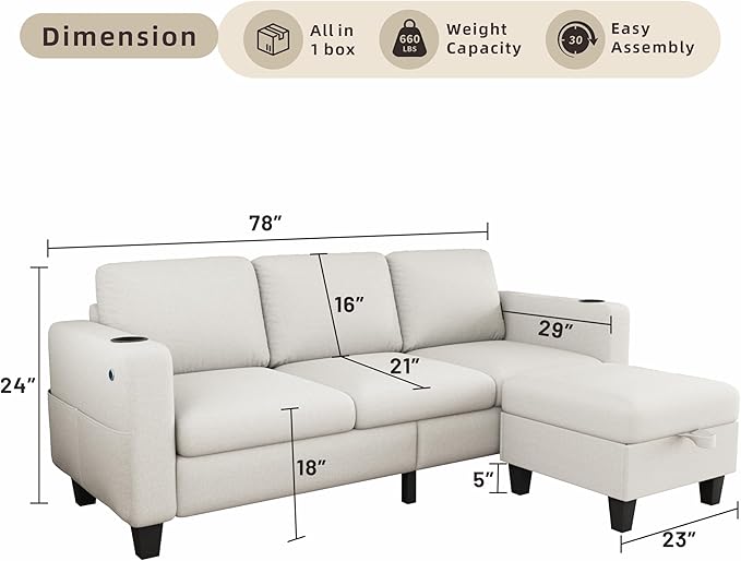 Sectional Sofa Couches for Living Room - 78'' Beige 3 Seat L-Shaped Couch with USB+Type C Port and 2 Cup Holder, Modern Linen Convertible Sectionals Sofas with Storage Ottoman for Apartment
