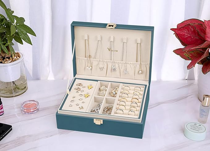 Voova Jewelry Box Organizer for Women Girls, 2 Layer Large Men Jewelry Storage Case, PU Leather Display Jewellery Holder with Removable Tray for Necklace Earrings Rings Bracelets, Indigo