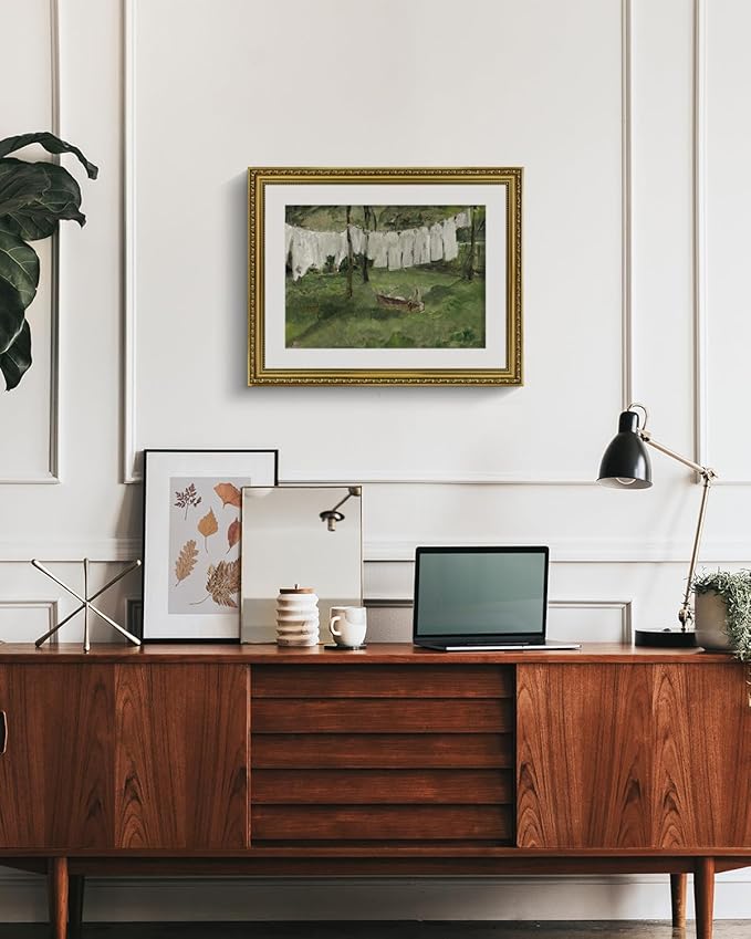 VIYYIEA Gold Framed Wall Art Canvas Print Home Decor Vintage Laundry Room Art Prints Antique Country Oil Painting Green Landscape Wall Decor Bathroom Art Wall Pictures for Living Room Bedroom 16x20in