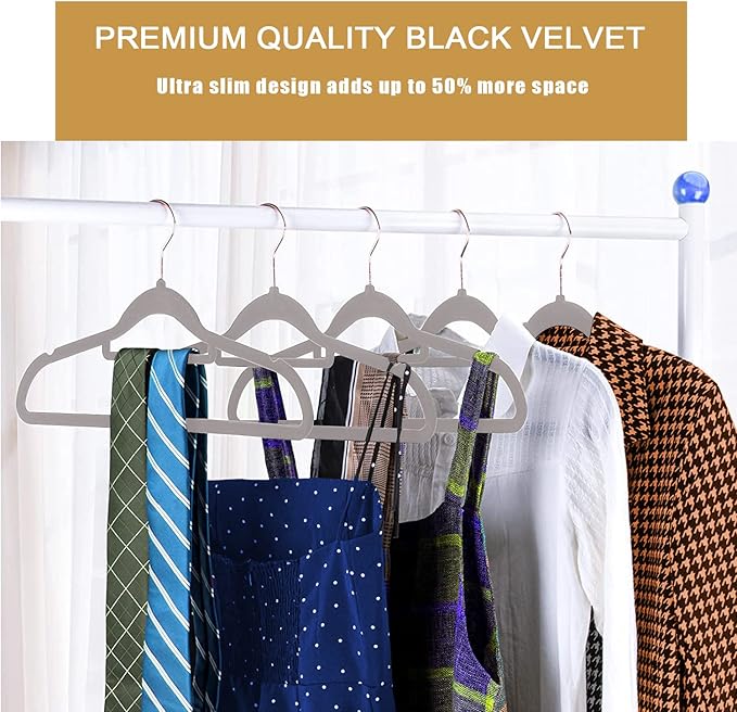 Premium Velvet Hangers, [50 Pack] Non Slip and Heavy Duty Velvet Suit Hangers (45cm) with Tie Bar, 360° Swivel Hooks, Sturdy to Hold Jumper, Pullovers, Jackets & Hoodies (50 Pack, Grey)