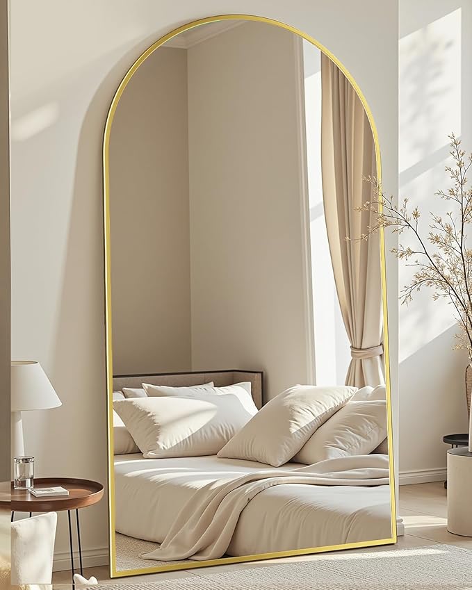 Full Length Mirror with Stand, 72"x44" Arched Full Body Mirror, Large Stand Up Aluminum Frame Floor Freestanding Hanging Leaning Mounted for Bedroom Living Room Entryway Gold