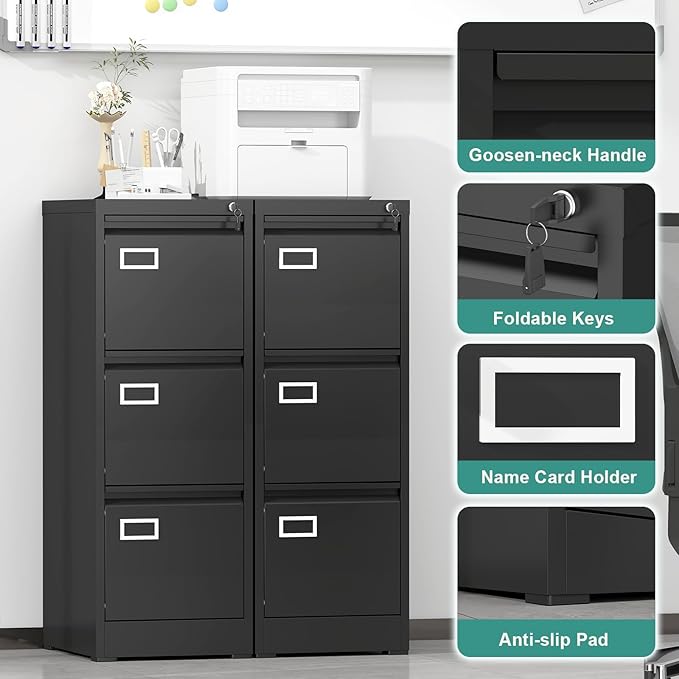 GREATMEET 3 Drawer File Cabinet with Lock, Metal Vertical File Cabinets for Home Office, Black Filing Cabinet for Letter/Legal/A4/F4 Size File,Assembly Require