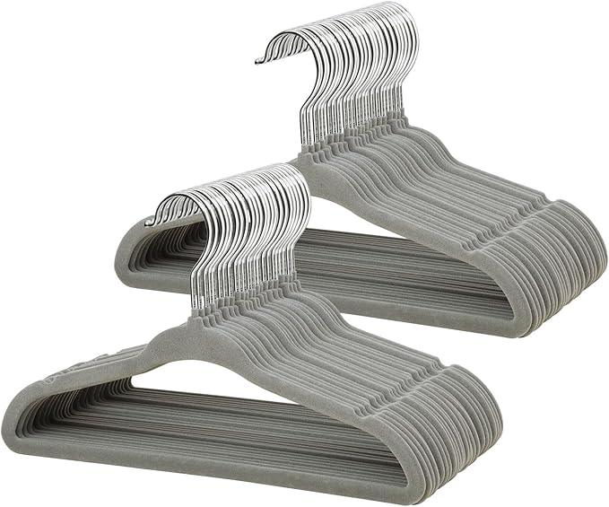 ManGotree 11" Baby Velvet Hangers, Non-Slip Infant Coat Hangers, Ultra-Thin Toddler Felt Hanger with 360° Swivel Hook, Space Saving Children's Hanger for Kids Clothes, 48 Pack (Grey)
