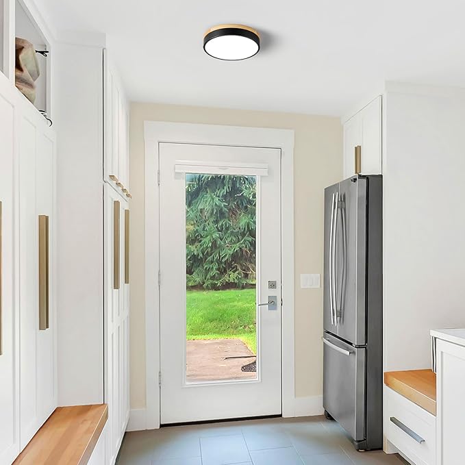 Dimmable Wood LED Ceiling Light Fixture, Black Round Low Profile Flush Mount Ceiling Lighting, Modern 5CCT 2700K-6000K Ceiling Lamp for Laundry Room Hallway Kitchen Bedroom, 11.8in