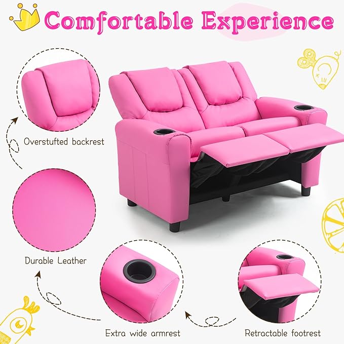 AVAWING Kids Recliner Chair, Double Kids Sofa Chair w/Cup Holder PU Leather, Toddler Loveseat Couch w/Adjustable Footrest & Headres for Boys Girls 3+ Age Group, Pink