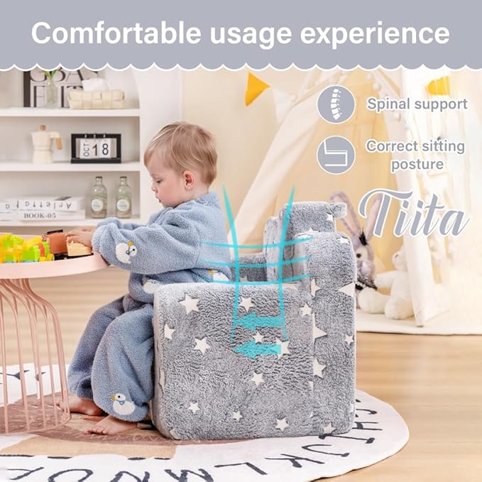 Tiita Kids Couch Plush Toddler Chair, Cloud-Like Glow in The Dark Kids Sofa Toddler Reading Chair with Washable Cover Carrying Handle, Convertible Children Sofa Chair for Girls and Boys