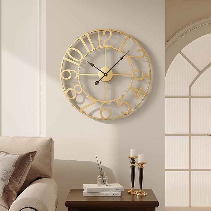 Large Wall Clock 24 Inch Gold, Decorative Wall Clocks Battery-Operated, Modern Metal Round Clock Silent Non Ticking Arabic Numerals for Living Room Kitchen Mantel Bedroom Office Decor