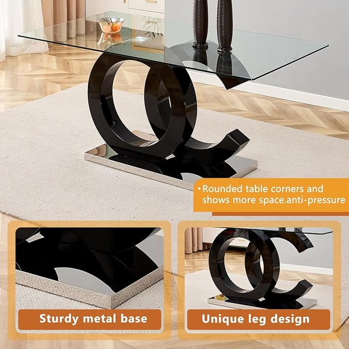 63'' Glass Dining Table Set for 6, Kitchen Table Chairs Set of 6, Clear Glass Dining Table with Black unique design Leg and Silver Metal Base, 6 PU Dining Chairs with Metal Legs, Living Room, Kitchen.