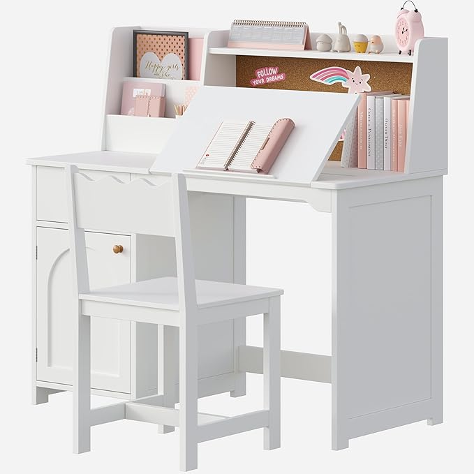 Treocho Kids Study Desk and Chair Set, Kids Desks with Hutch and Tiltable Desktop for 5-12 Years Old, Wooden Children Study Table with Fabric Drawers, Student Writing Desk Bedroom, Home School，White