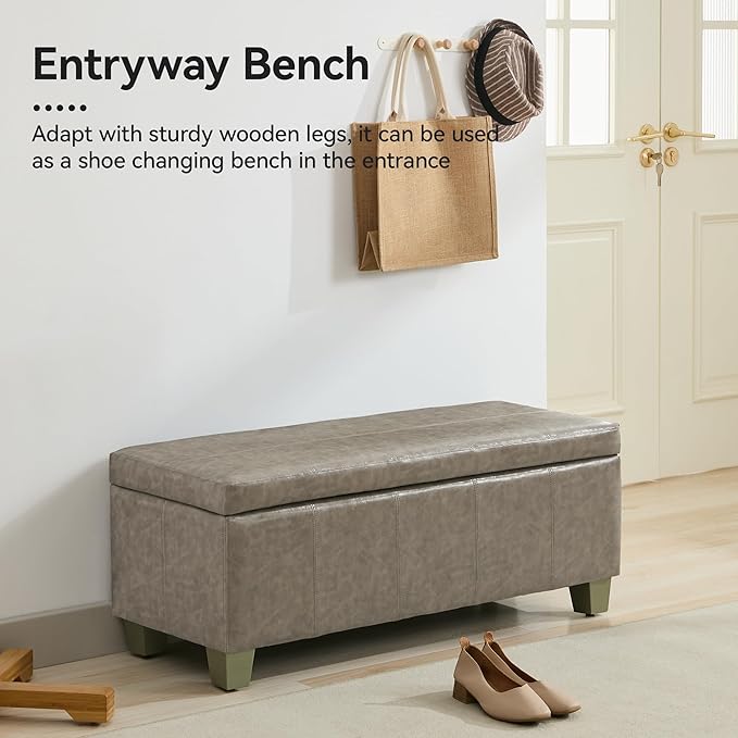 41" Faux Leather Storage Ottoman, Stitch Tufted Rectangle Upholstered End of Bed Storage Bench, Entryway Large Couch Ottoman with Wooden Legs,Grey