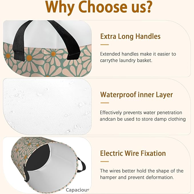 Abstract Daisy Flower Retro Groovy Flowers Laundry Basket,Waterproof Laundry Hamper,Collapsible Organizer Basket for Storage Bin Toy Bins, Dirty Clothes Laundry Basket for Living Room/Bathroom