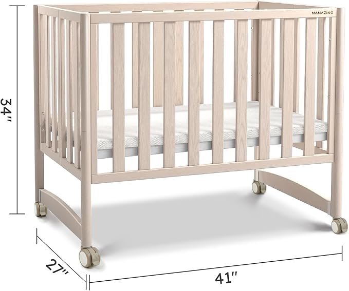 EvoNook 6-in-1 Convertible Mini Crib, 100% New Zealand Wood, 4 Adjustable Mattress Heights, Crib with Mattress, Washed Natural