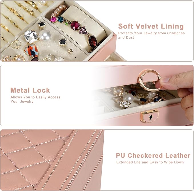 3-Layer Jewelry Box for Women, Jewelry Organizers and Storage with Removable Jewelry Tray, Vintage Quilted Top Lockable Jewelry Holder Gift Idea Pink