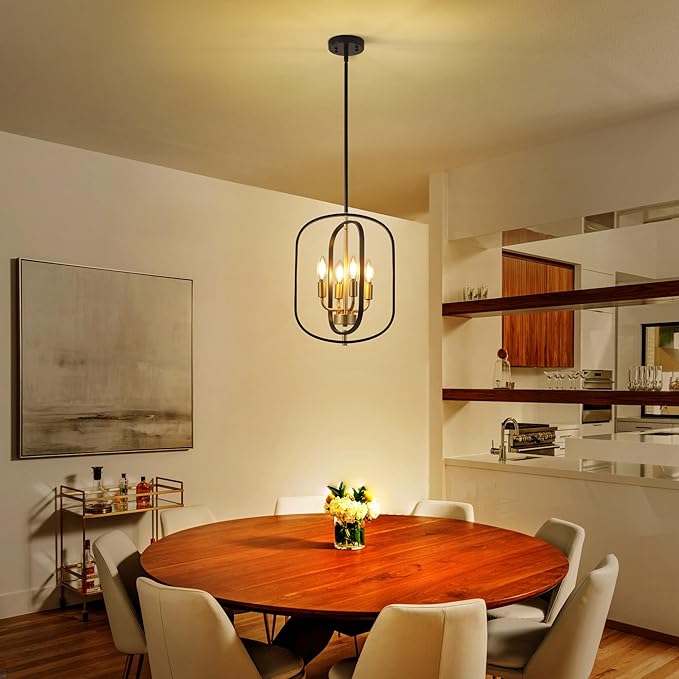 Modern Black and Gold Chandelier for Entryway, 4-Light Small Geometric Dining Room Light Fixture Over Table,Industrial Metal Hanging Pendant Lights for Kitchen Island, Staircase,Foyer