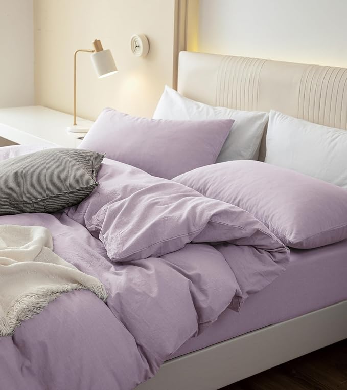 JIYUAN 100% Washed Cotton Duvet Cover Set 3 Pieces Full, 1 Duvet Cover 80x90 Inches(Comforter Not Included) and 2 Pillowcases,Linen Like Comfy and Breathable,Heathered Light Purple