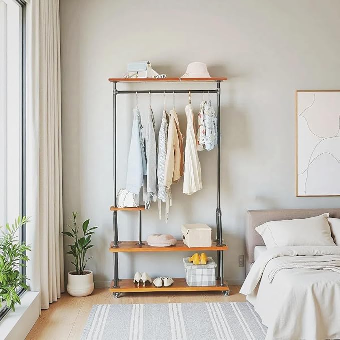 Industrial Clothing Rack, Pipe Style Rolling Garment Rack, Heavy Duty Steampunk Clothes Rack, Hall Tree on Wheels with Shelf and Shoes Storage for Home, Retail Store, Rustic Wood