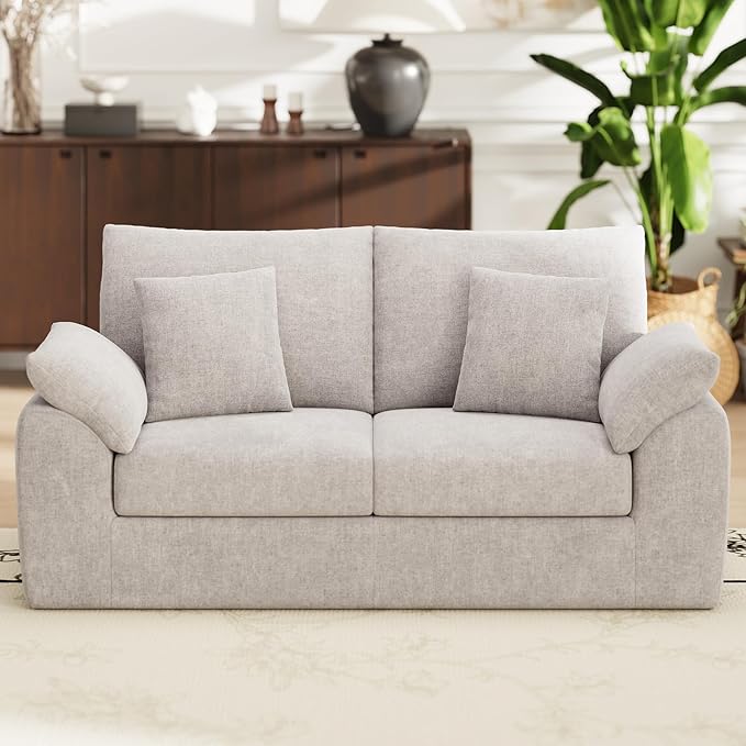 76" Boneless Loveseat Sofa, Cloud Foam Couch, 3 Seater Upholstered Midcentury Mondern Love Seat, Wide Armrest and 4 Pillows for Home Living Room/Small Spaces, No Assembly Required, Camel