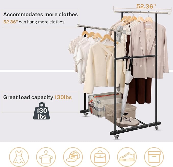 Clothes Rack, Double Clothing Rack with Wheels and Extra Wide Bottom Shelf, 52.36’’ Heavy Duty Garment Racks for Hanging Clothes, Coats, Shirts, Skirts, Dresses, 130LB Capacity, Black
