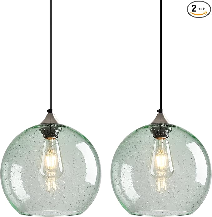 Light Green Glass Pendant Lights Kitchen Island Globe Pendant Light Fixtures Modern Pendant Lighting for Bedroom Living Dining Room Light Fixture (9.84 in, 2 Pack)
