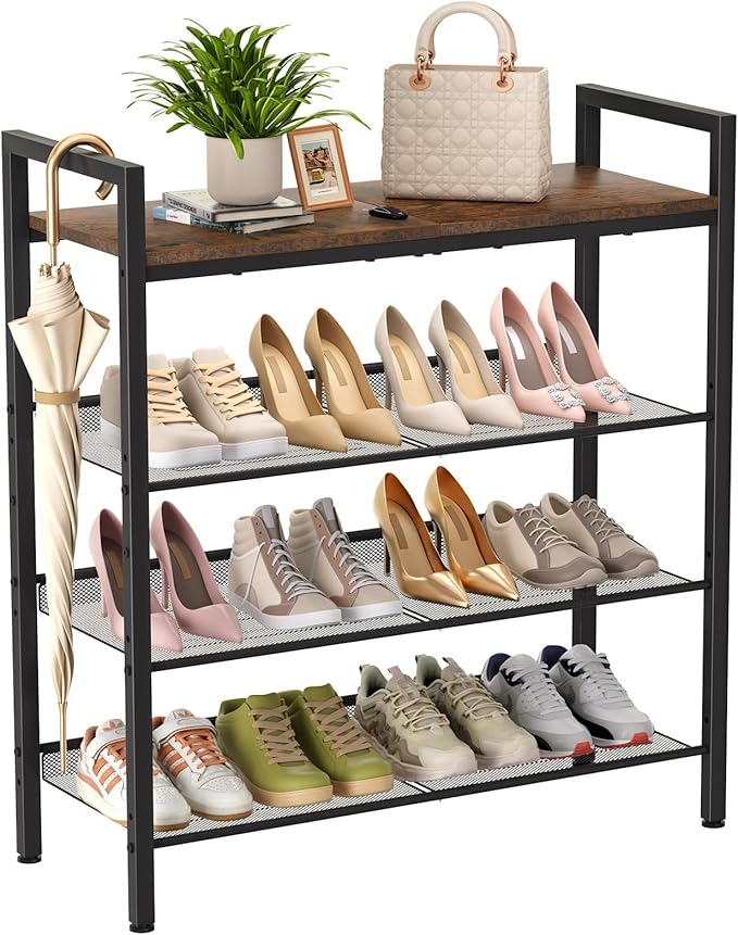 Shoe Rack for Front Door Entrance, 4 Tier Shoe Rack for Entryway, 12-16 Pairs of Shoes, Metal Shoe Rack Organizer, Free Standing Shoe Rack for Closet (Black+Rustic Brown)