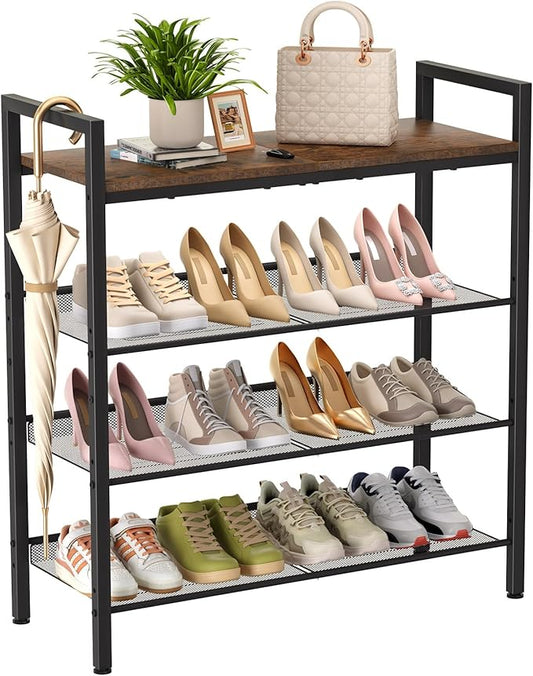Shoe Rack for Front Door Entrance, 4 Tier Shoe Rack for Entryway, 12-16 Pairs of Shoes, Metal Shoe Rack Organizer, Free Standing Shoe Rack for Closet (Black+Rustic Brown)